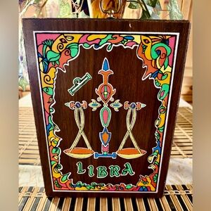 Vintage 1970s neon velvet libra art on wood